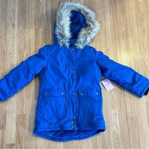 NWT Juicy Couture Girl’s Parka Coat Royal Blue Faux Fur Trim Hood - Medium 10-12
